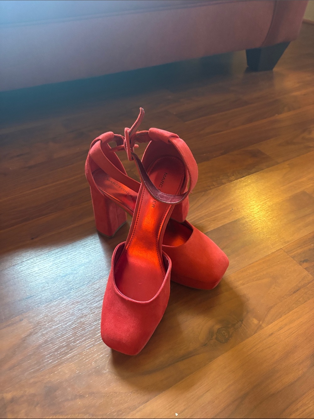 Marc Fisher Red Suede Block Heel Ankle-Strap Pumps